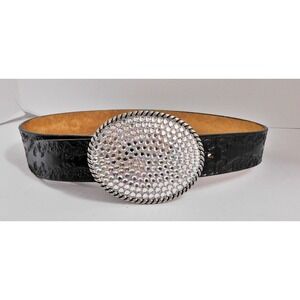 Vintage Tres Flores Swarovski Crystal Pewter Belt Buckle Tooled Black Belt 30 in